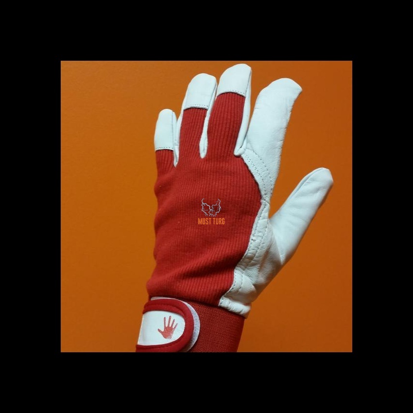 Töökinnas punane/valge puuvillane riie/kitse pealisnahk nr.10