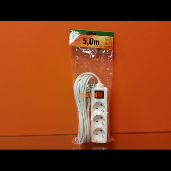 Pikendusjuhe lülitiga 3 pesa 5m 3G1.0mm2 10A valge