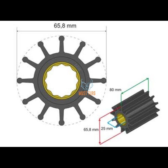 Premium impelleri komplekt 65.8x25x80mm 250g JMP Johnson Pump Volvo Penta Yanmar