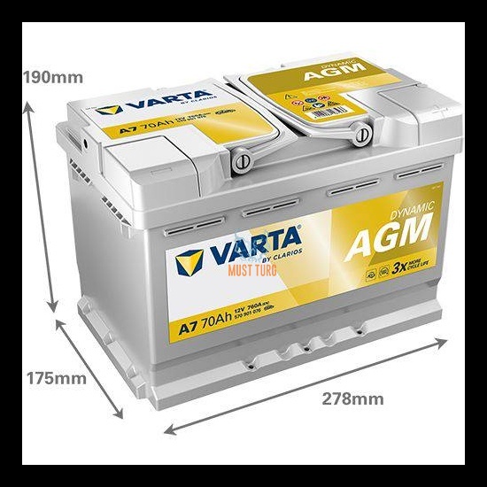 Elektriauto aku Varta A7 xEV 70Ah 760A 278x175x190mm Dynamic AGM
