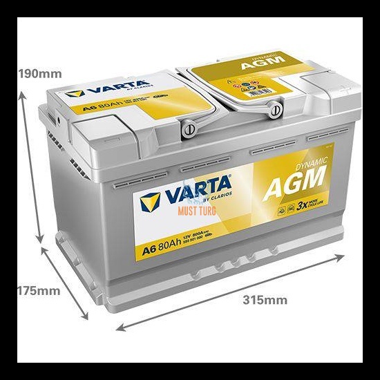 Elektriauto aku Varta A6 xEV 80Ah 800A 315x175x190mm Dynamic AGM