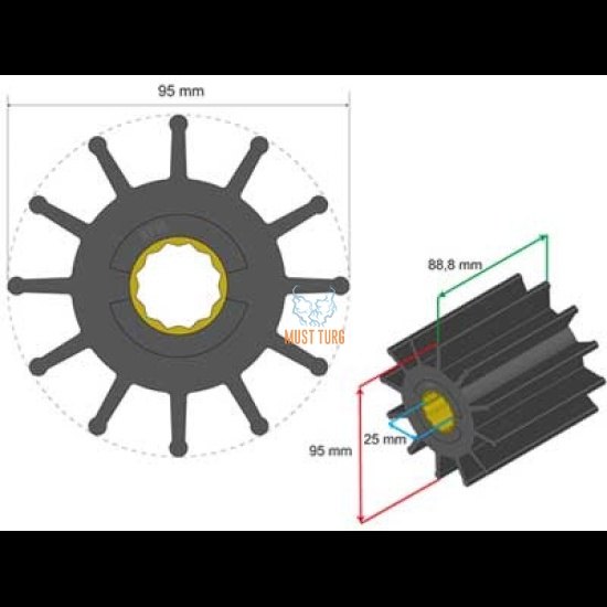 Premium impelleri komplekt 95x25x88.8mm 690g Jabsco JMP Johnson Pump Volvo Penta